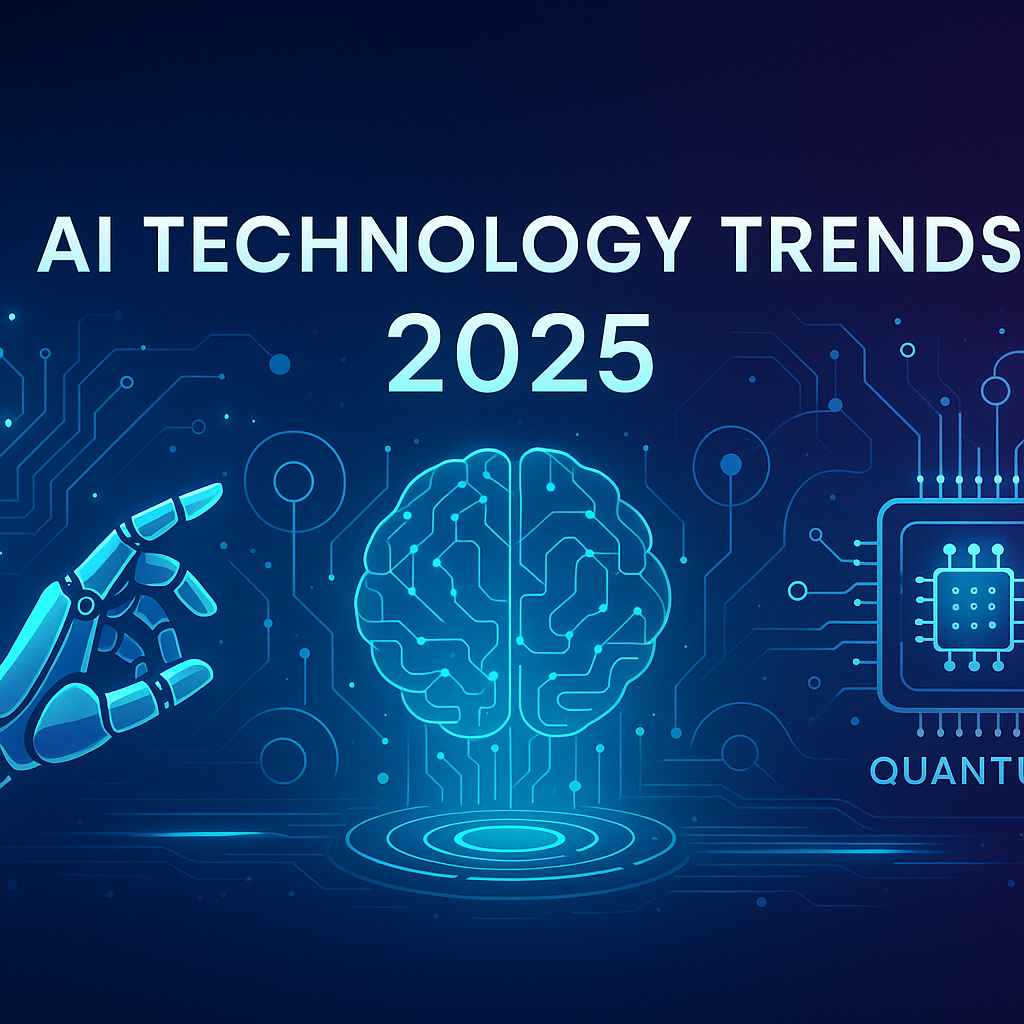 AI Technology Trends 2025 - Comprehensive visual guide showing artificial intelligence evolution, neural networks, and futuristic digital transformation