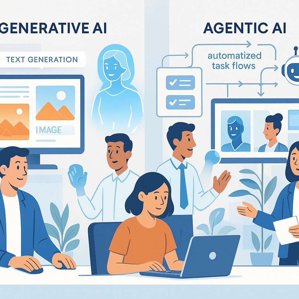 Generative AI and Agentic AI in Action - Visual representation of autonomous AI agents, content generation workflows, and intelligent automation systems working across multiple industries