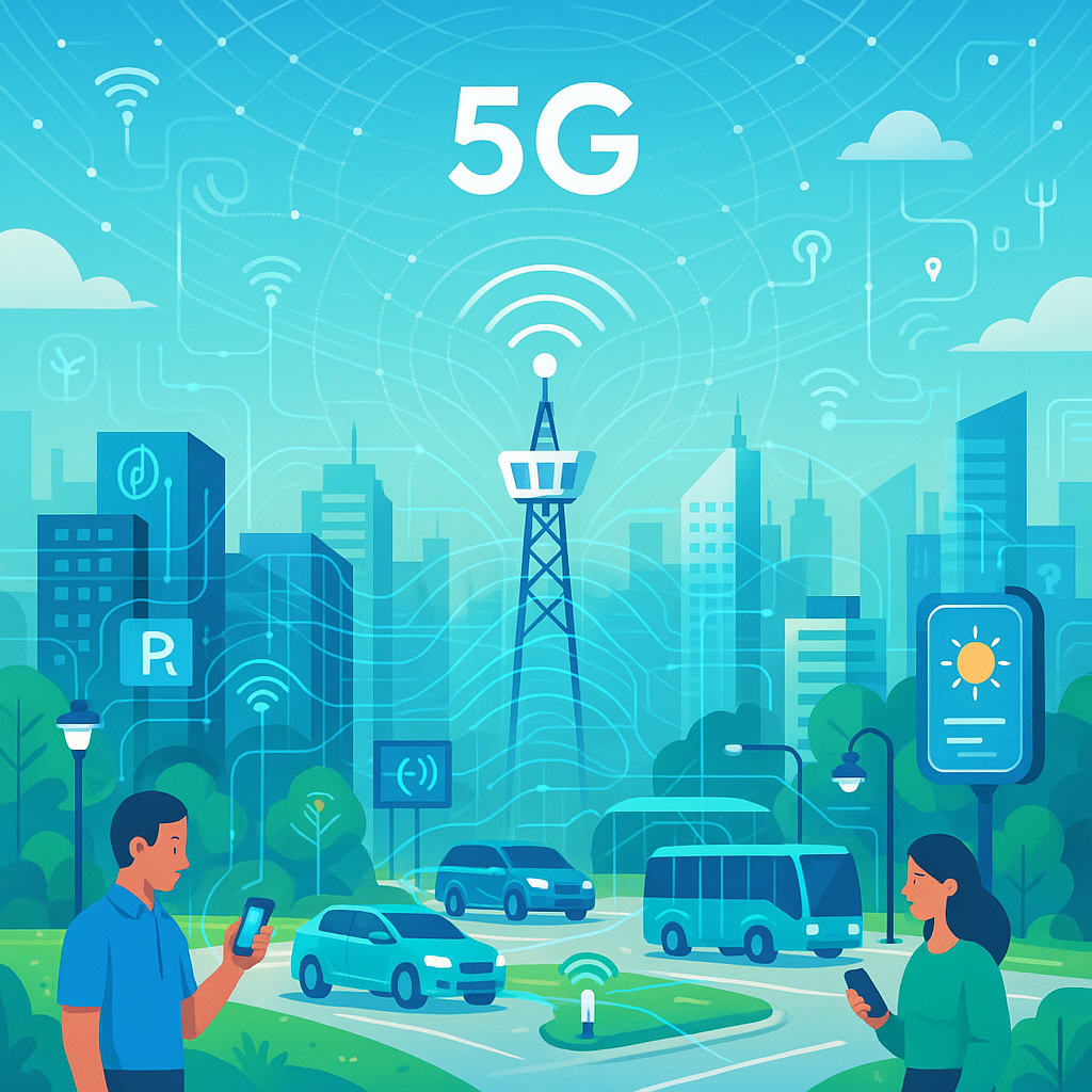 5G Connectivity and IoT Smart Cities - Modern smart city infrastructure with 5G networks, connected IoT devices, autonomous vehicles, and intelligent urban systems powered by AI