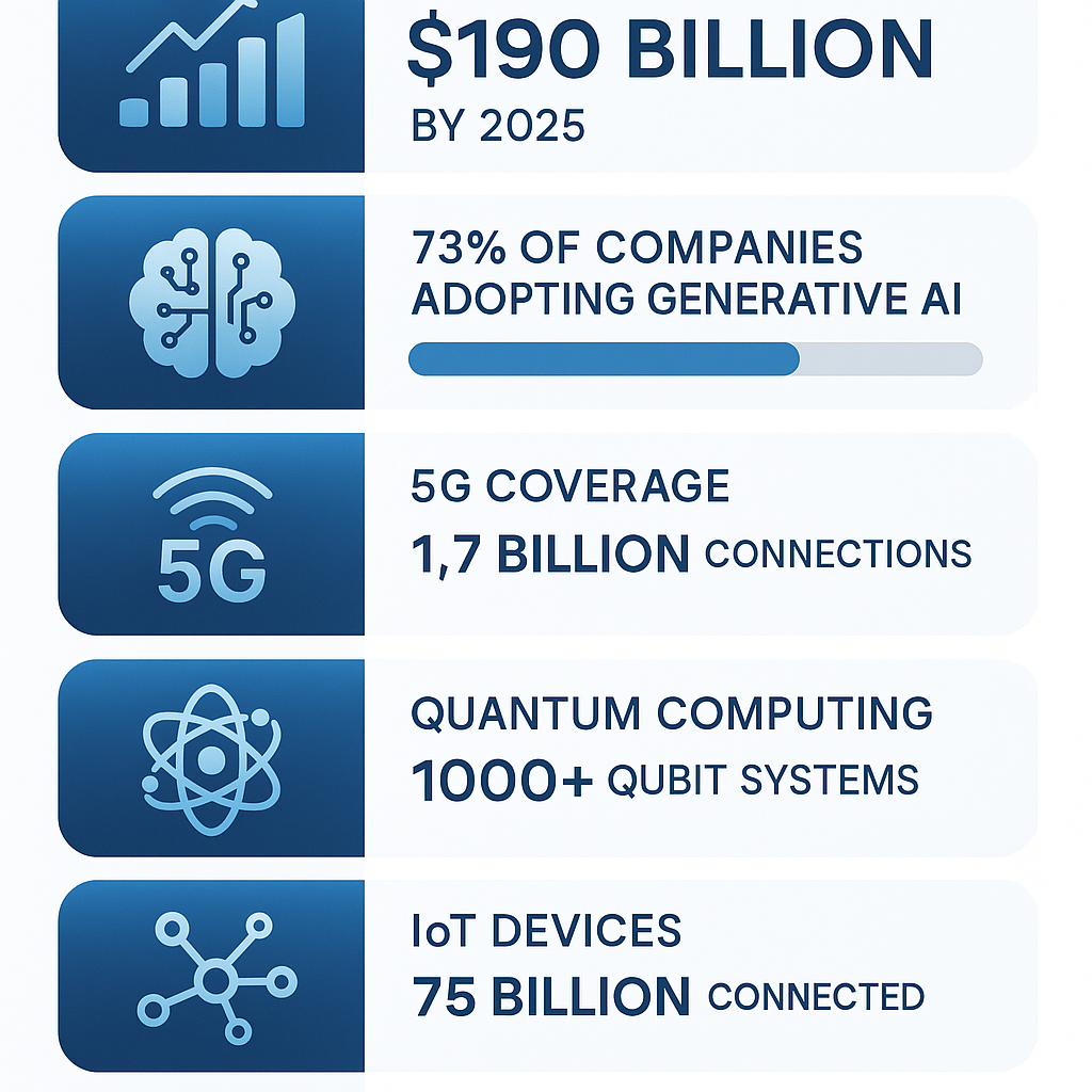 AI Technology Trends 2025 Key Statistics Infographic - Comprehensive data visualization showing market growth, investment figures, adoption rates, and industry impact metrics