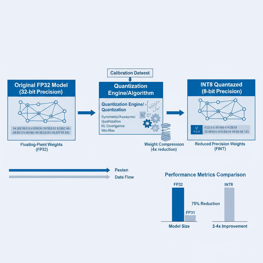 Model Quantization Workflow diagram showing the complete process of converting FP32 models to INT8 with calibration steps, accuracy preservation techniques, and performance optimization methods