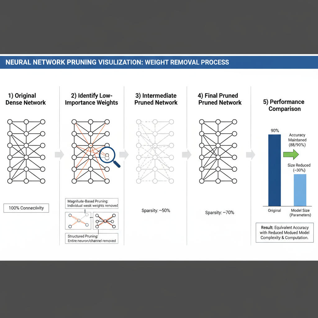 Neural Network Pruning Visualization showing different pruning strategies including structured and unstructured pruning, weight magnitude analysis, and sparsity pattern optimization with before and after network representations