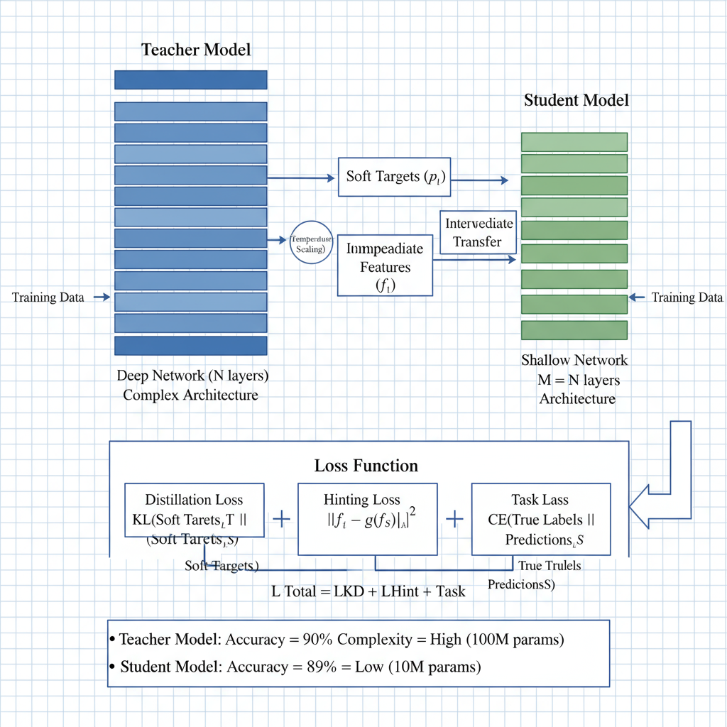 Knowledge Distillation Architecture diagram illustrating the teacher-student model framework with detailed feature matching, attention transfer mechanisms, and multi-level knowledge transfer pathways