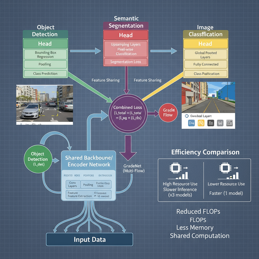 Multi-task Neural Architecture (HydraNet) showing sophisticated shared backbone network with multiple specialized task heads, feature sharing mechanisms, and efficient computation flow for simultaneous multi-task learning