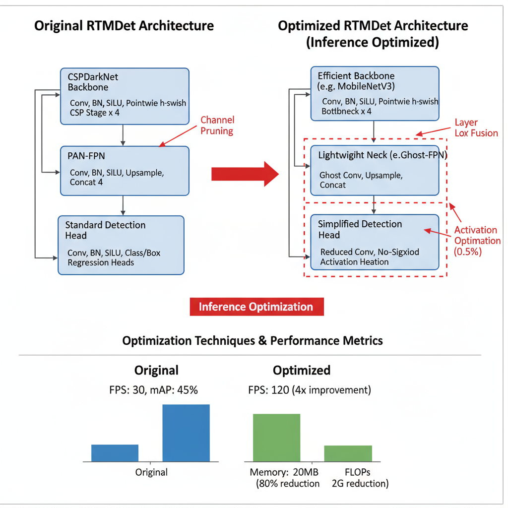 RTMDet Architecture Modification showing detailed inference-optimized detection model with CSPNeXt blocks, efficient feature pyramid networks, and optimized detection heads for real-time performance