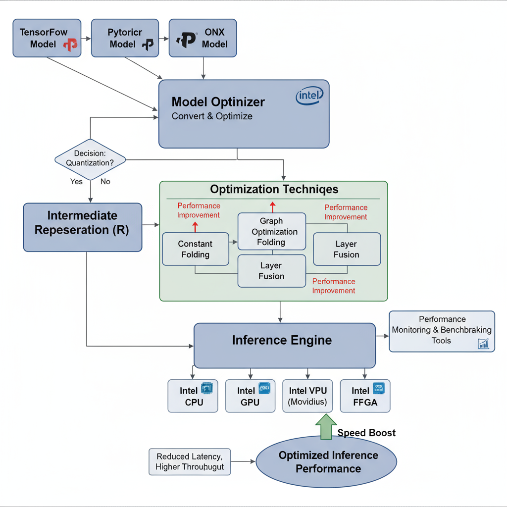 OpenVINO Optimization Pipeline showing Intel's comprehensive workflow from model conversion to hardware-specific deployment, including quantization steps, model optimization tools, and performance analysis