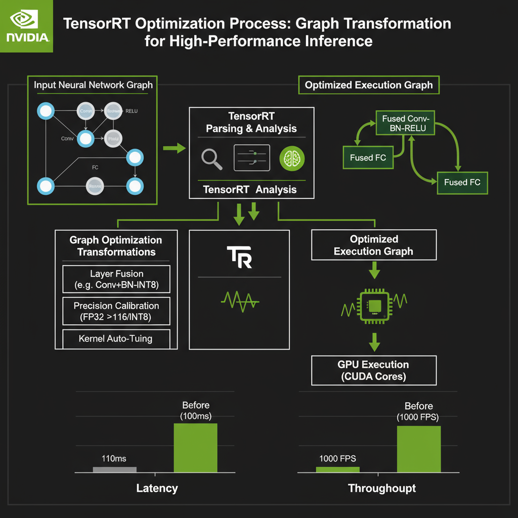 TensorRT Optimization Process showing NVIDIA's comprehensive graph transformation pipeline with layer fusion, precision optimization, kernel selection, and dynamic shape optimization for maximum GPU performance