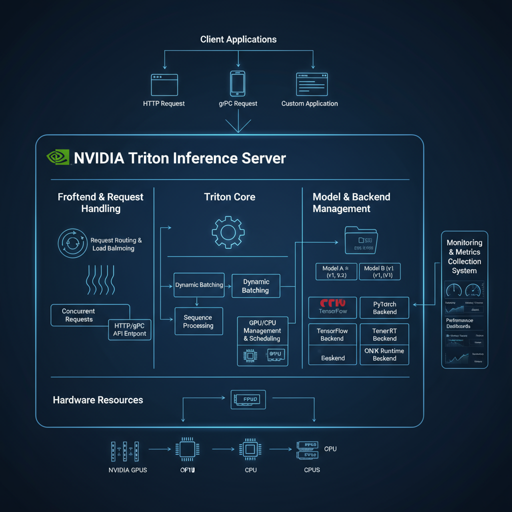 NVIDIA Triton Inference Server architecture showing comprehensive server deployment with multiple model backends, dynamic batching, load balancing, and optimization features for production-scale AI inference