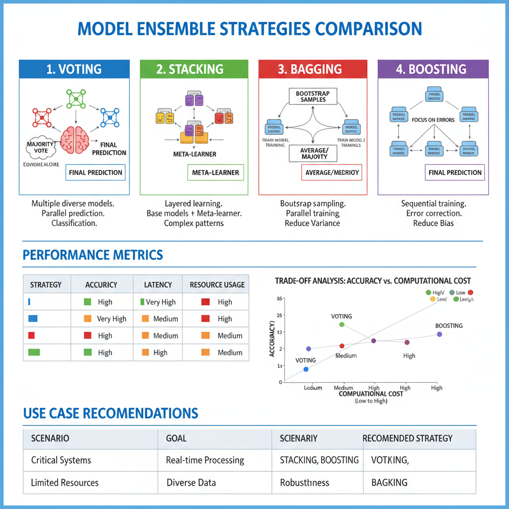 Model Ensemble Strategies showing parallel and sequential ensemble configurations with sophisticated load balancing, prediction aggregation methods, and dynamic model selection for optimal performance