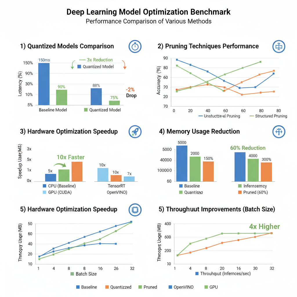 Performance Benchmarks Comparison showing detailed analysis across different optimization techniques with comprehensive latency, throughput, and accuracy metrics across multiple hardware platforms