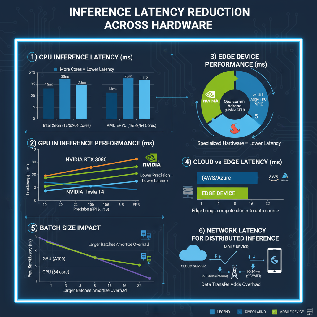 Latency Reduction Analysis showing detailed breakdown of processing times across different optimization levels and hardware configurations with performance improvement metrics