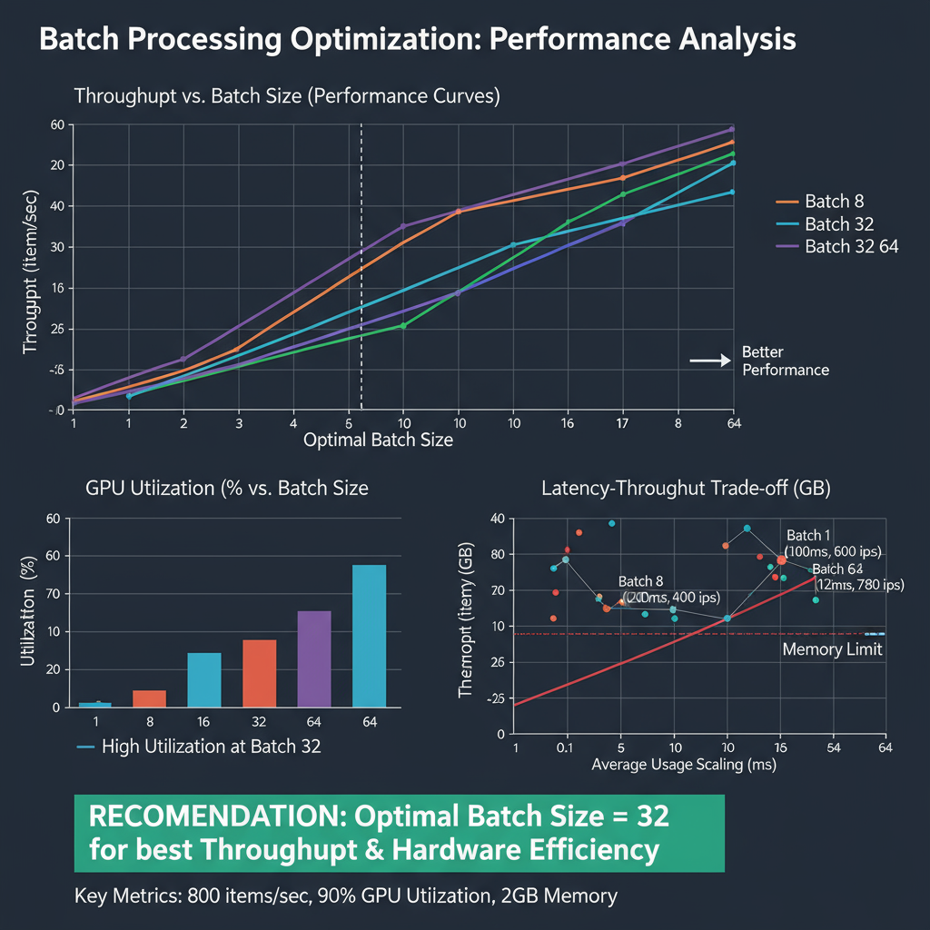 Batch Processing Optimization showing efficient batching strategies, dynamic batch size optimization, and throughput maximization techniques for high-performance inference deployment