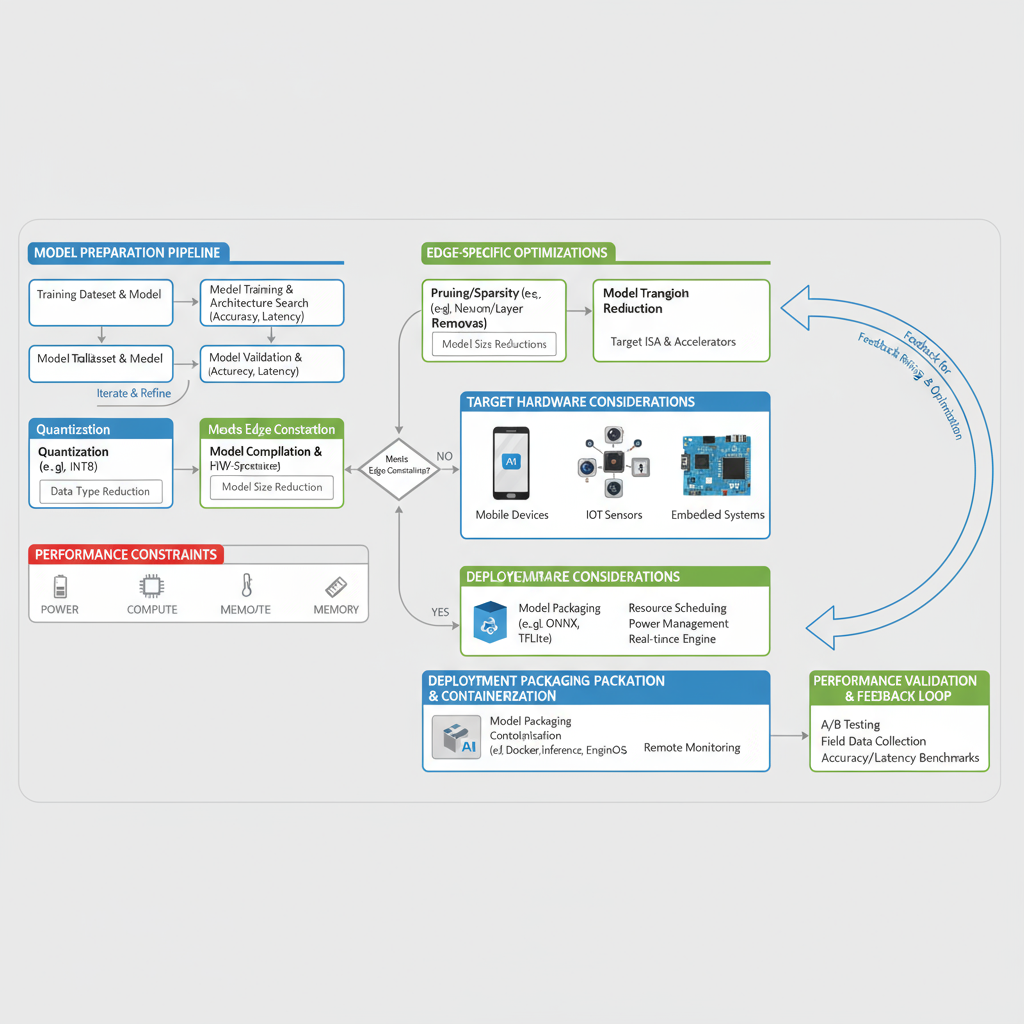 Edge Deployment Best Practices flowchart showing systematic approach to edge optimization including resource constraints, power efficiency, and deployment strategies for edge computing environments