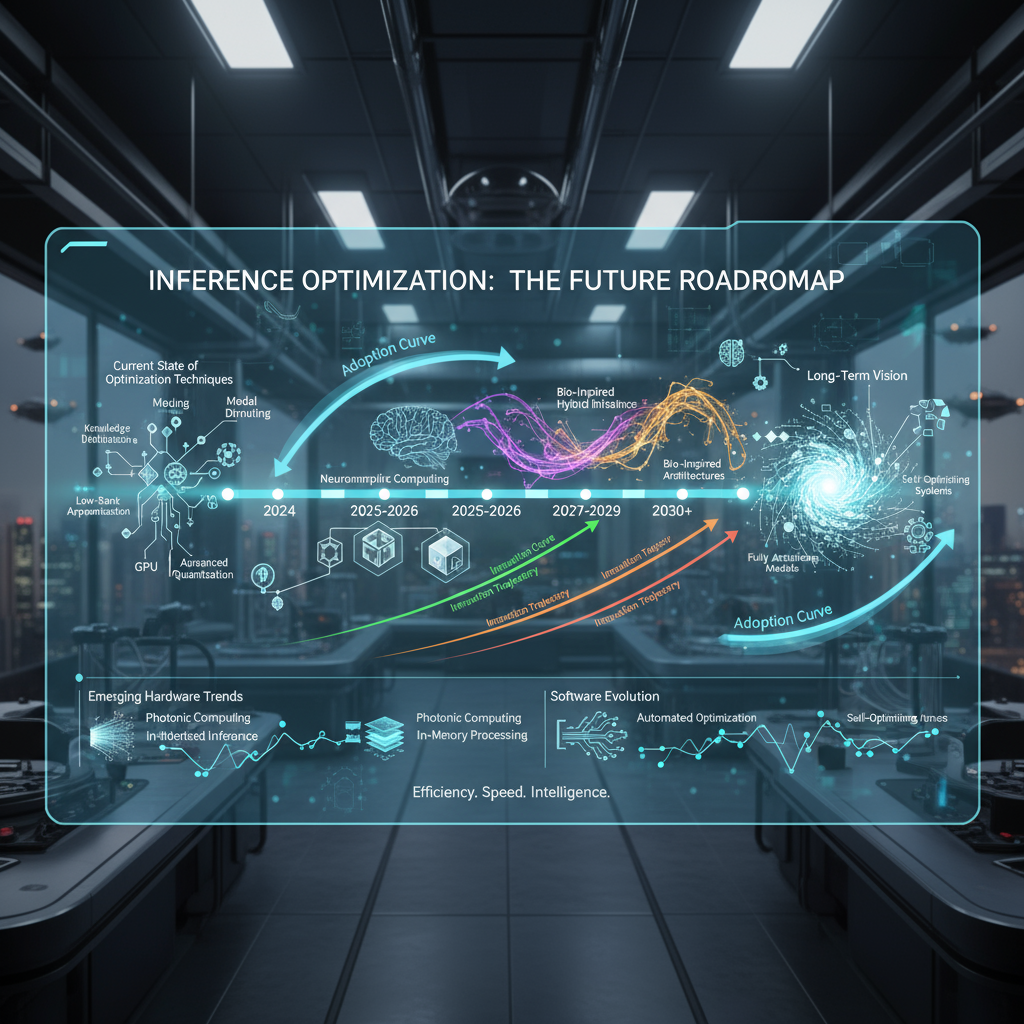 Future Optimization Trends illustrating emerging techniques including neural architecture search, automated optimization pipelines, edge computing innovations, and next-generation hardware acceleration technologies