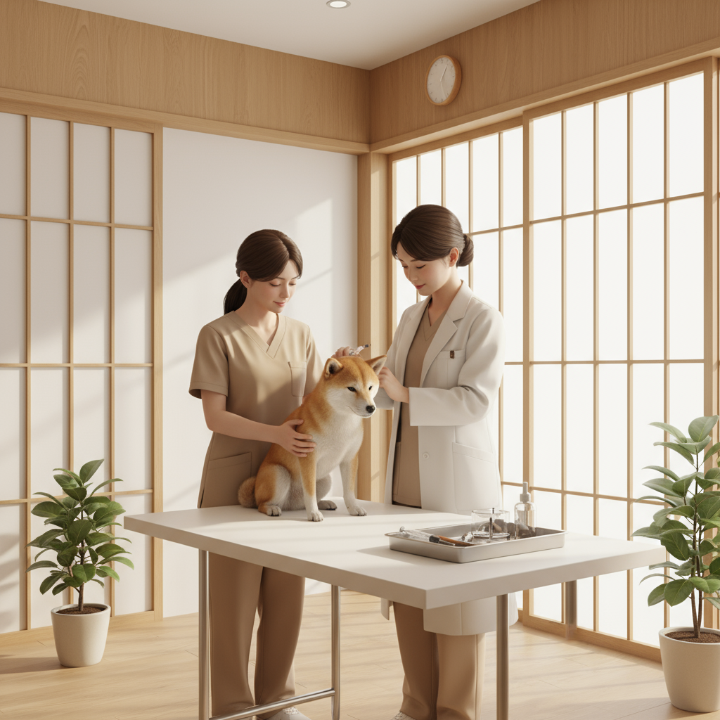 專業獸醫在診所內為寵物進行疫苗接種，展現溫馨專業的醫療環境