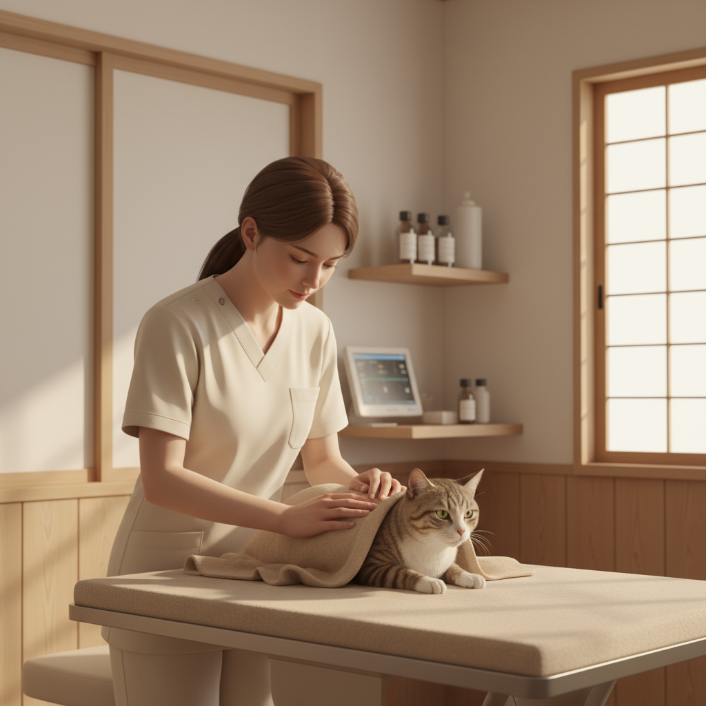 專業獸醫為貓咪進行血尿治療和護理的溫馨診療場景