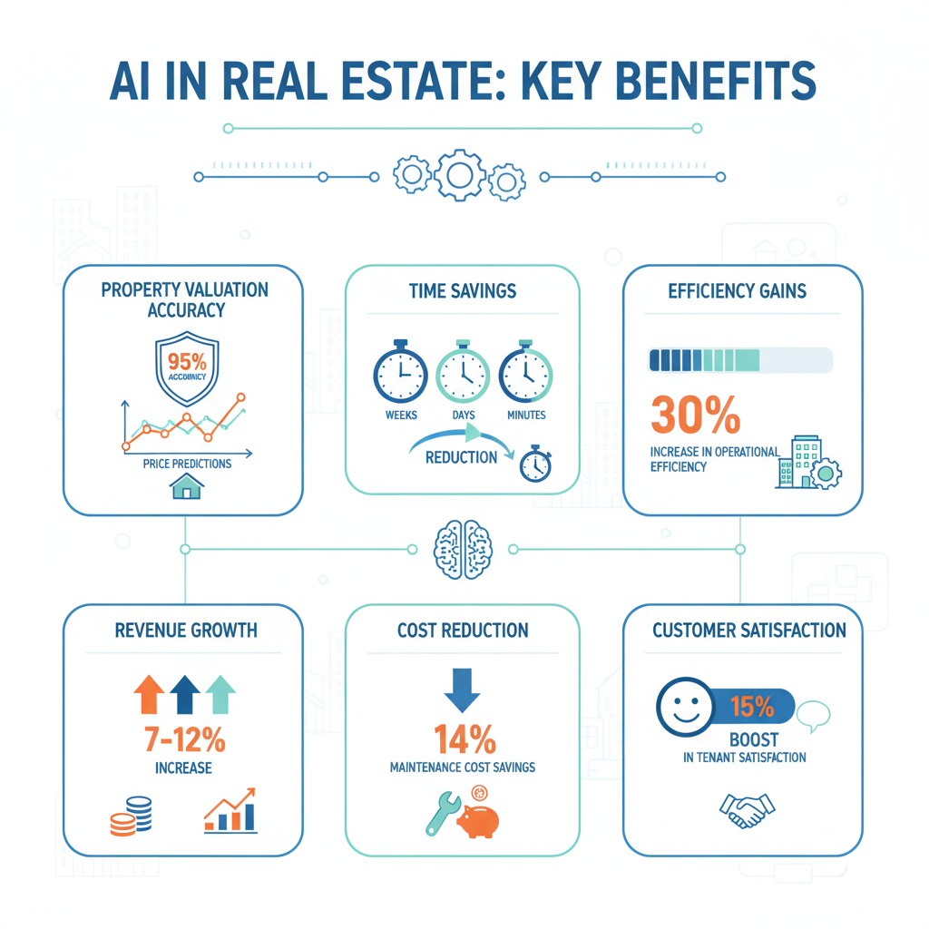 Infographic showing AI benefits in real estate with statistics on accuracy, efficiency, and revenue growth