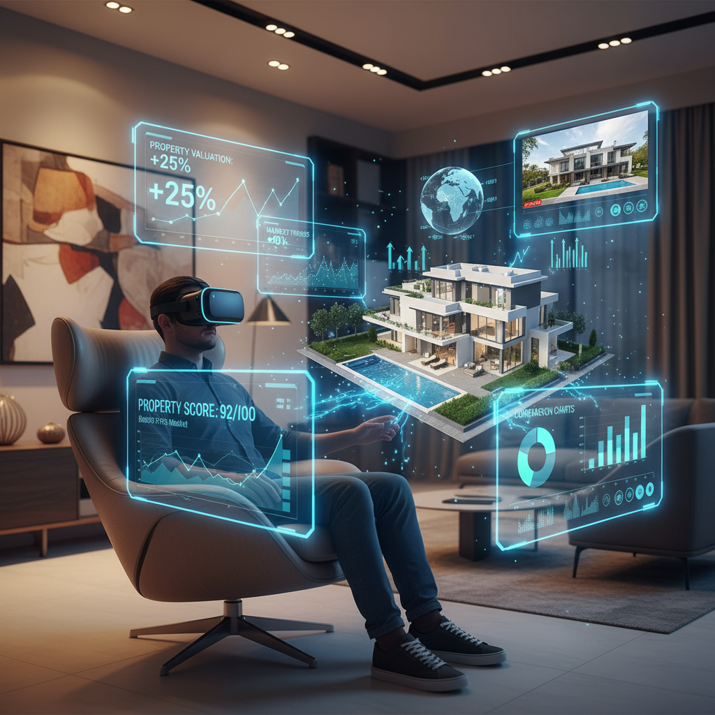 Person using VR headset for virtual property tour with AI-powered analysis data displays