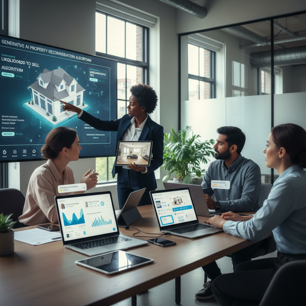 Real estate professionals collaborating with AI tools, dashboards, and predictive analytics in modern office