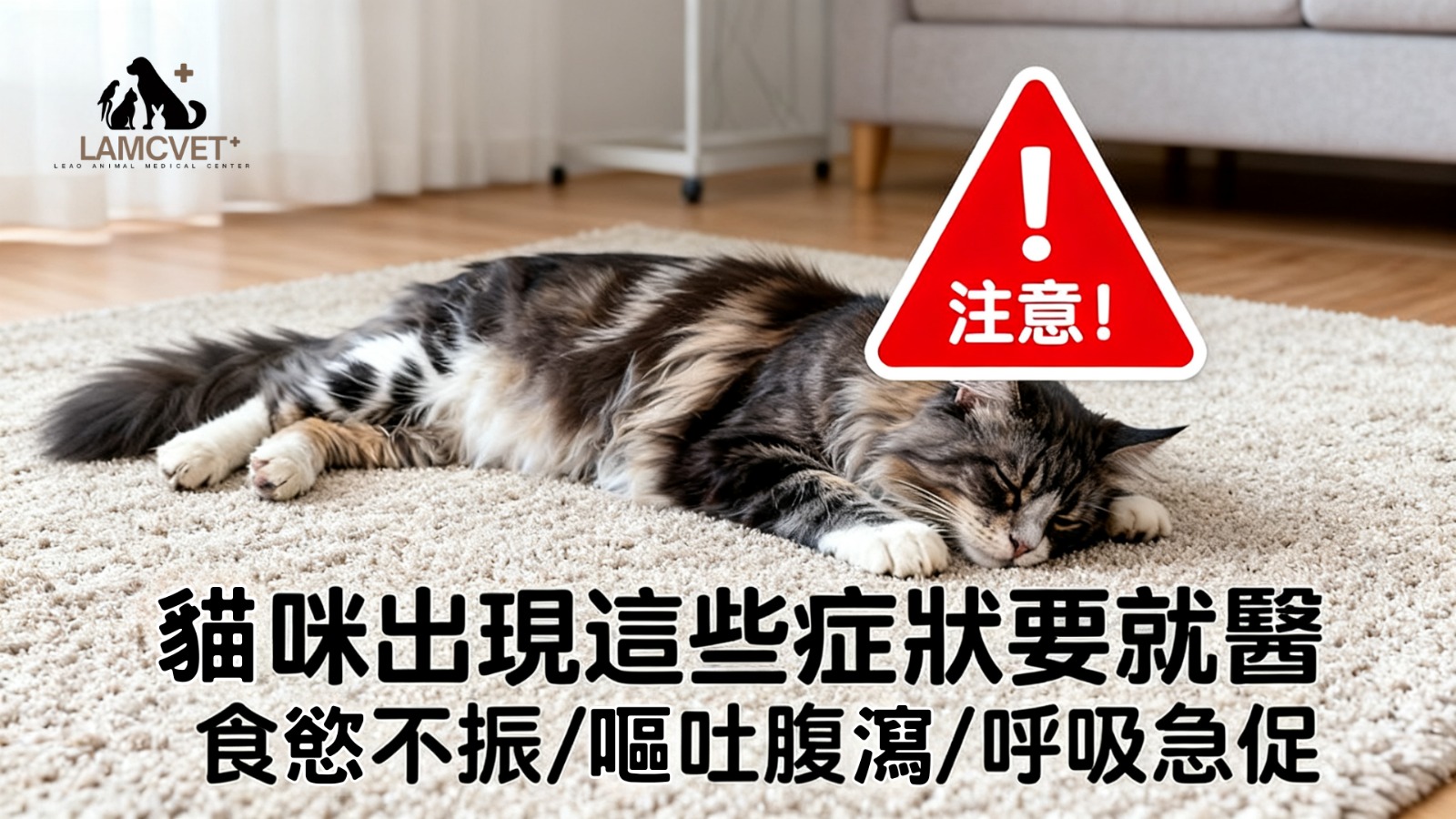 貓咪危險症狀識別圖：食慾不振、嘔吐腹瀉、呼吸急促等緊急就醫指標